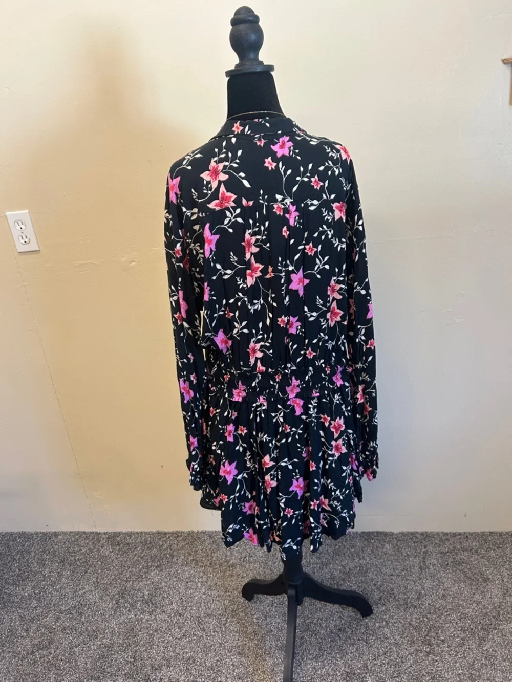 Free People Black Floral Button-Front Long Sleeve Dress with Pink Flowers - Picture 3 of 6
